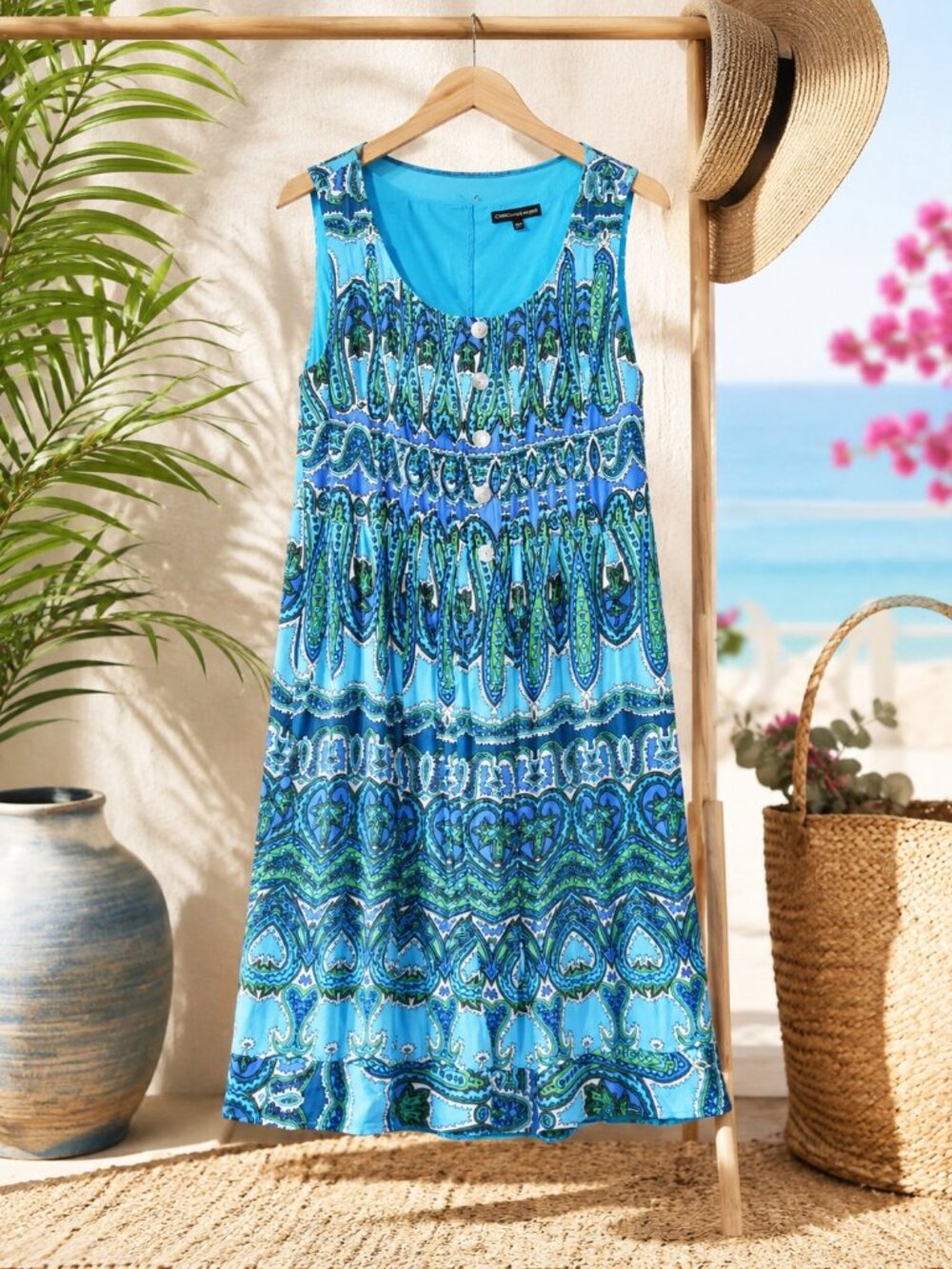 Sleeveless Blue Paisley Midi Dress with Front Buttons
